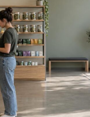 Interior of a cannabis dispensary with employee managing inventory on a tablet