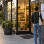 Cannabis dispensary storefront with customer viewing regulatory notices outside