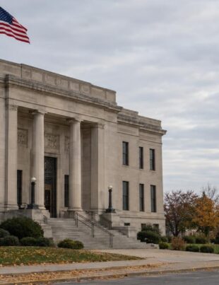 Nebraska government building exterior on an overcast autumn day