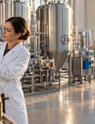 Technician inspecting hemp beverage bottles in a modern manufacturing facility