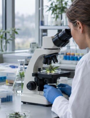 Researcher studying cannabis plant specimen in agricultural biotechnology lab