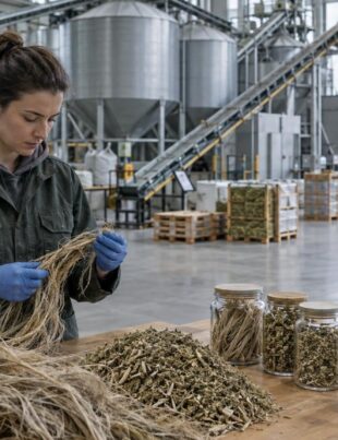 Worker inspecting hemp fibers at a Ukrainian industrial hemp facility in 2026