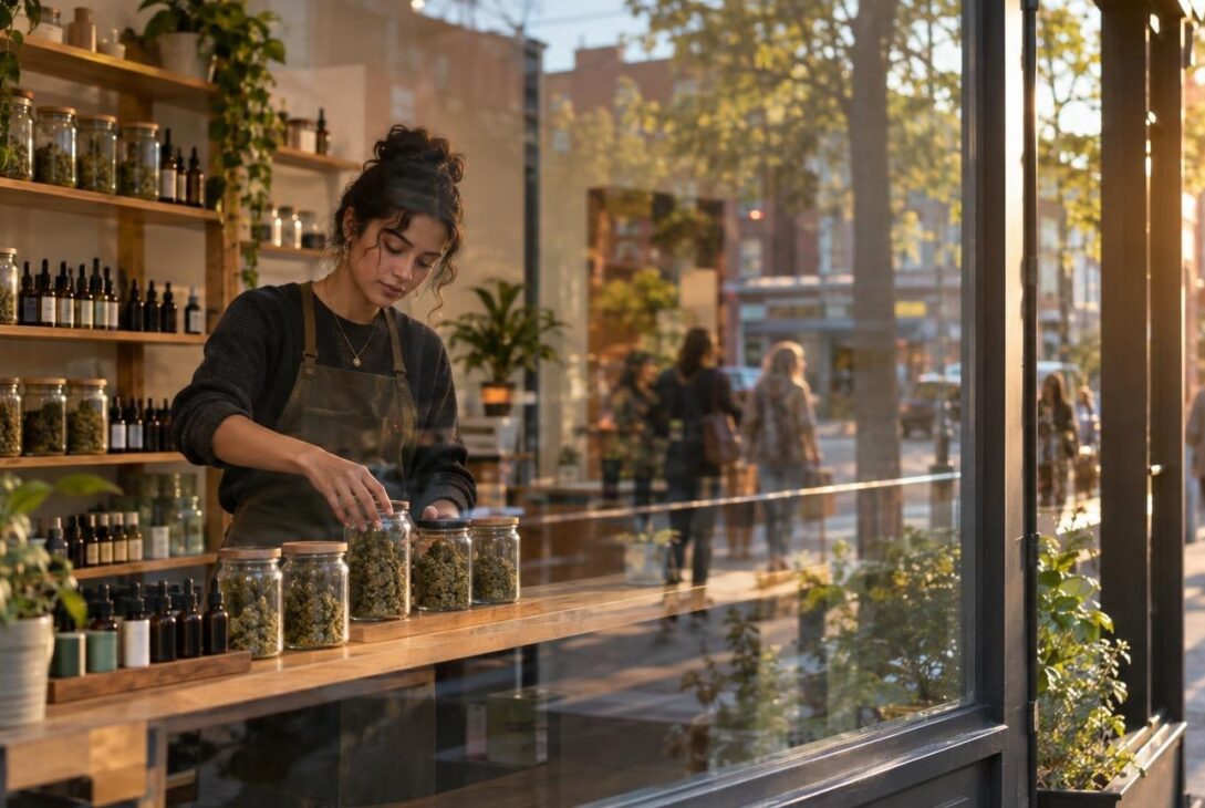 Small urban cannabis storefront with entrepreneur arranging unbranded product jars