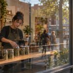 Small urban cannabis storefront with entrepreneur arranging unbranded product jars