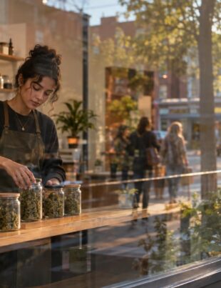 Small urban cannabis storefront with entrepreneur arranging unbranded product jars