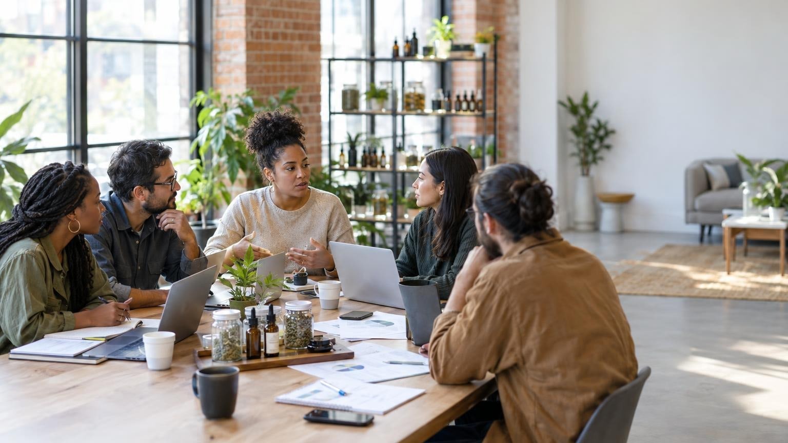 Diverse team collaborating in community incubator space with cannabis products