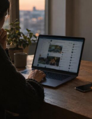 Person working on laptop with social media feed in home office at dusk