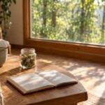 Cozy sunlit cabin room with unbranded cannabis jar and journal on wooden table