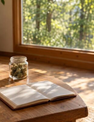 Cozy sunlit cabin room with unbranded cannabis jar and journal on wooden table