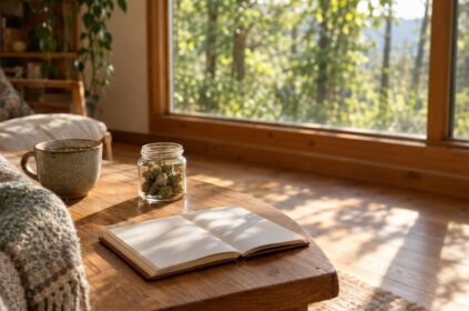 Cozy sunlit cabin room with unbranded cannabis jar and journal on wooden table