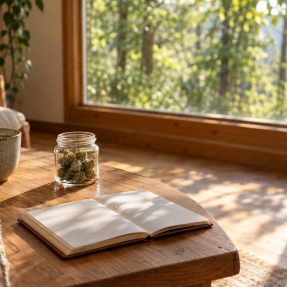 Cozy sunlit cabin room with unbranded cannabis jar and journal on wooden table