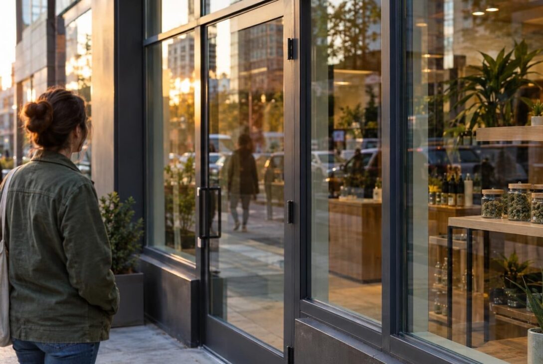 Urban cannabis dispensary storefront with adult looking on in late afternoon light