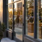 Urban cannabis dispensary storefront with adult looking on in late afternoon light