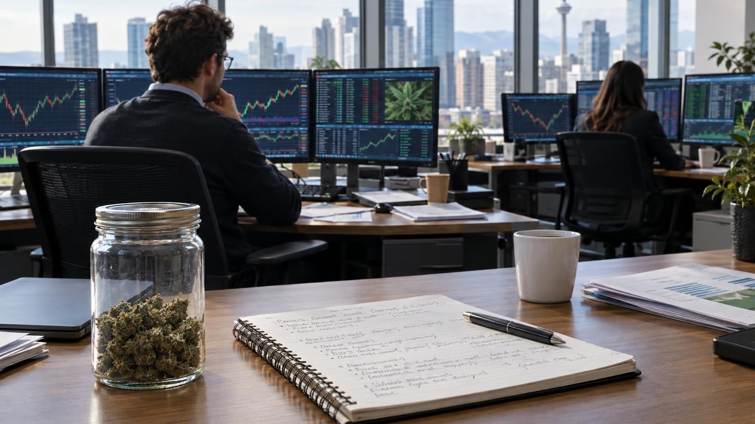 Financial analysts working on cannabis stock data in a modern office trading floor
