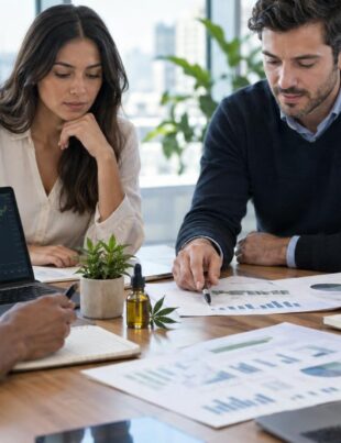 Investors analyzing cannabis stock charts and reports in a bright office setting