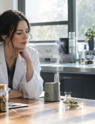 Female scientist studying cannabis terpene vapor in a modern laboratory