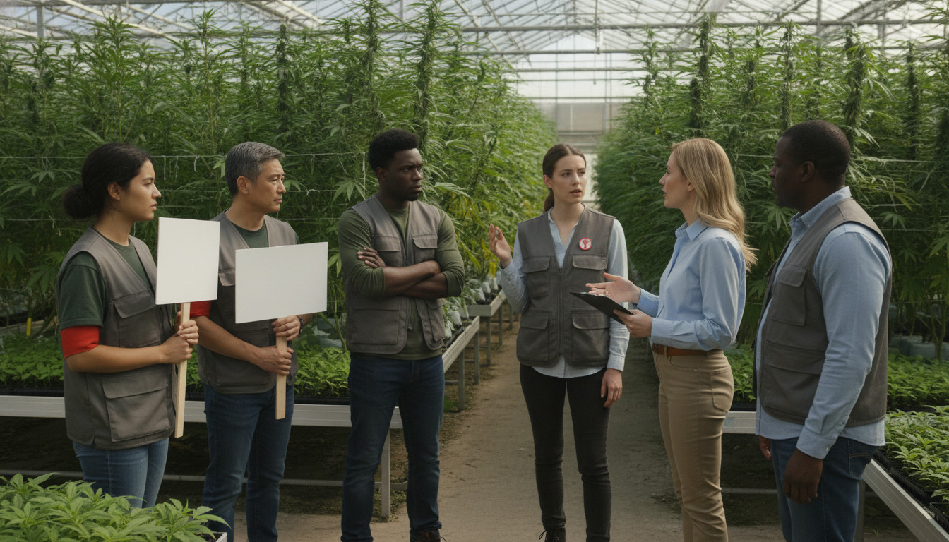 Photo of a cannabis cultivation greenhouse showing five workers and one manager. Two workers hold blank placards while others display concerned body language. A manager with a clipboard speaks calmly. Plants and trays fill the background; subtle union cues like red armbands and a raised fist button are visible without text.