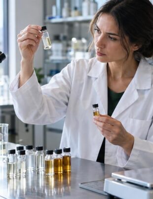 Researcher examining cannabis compound samples in a bright scientific laboratory