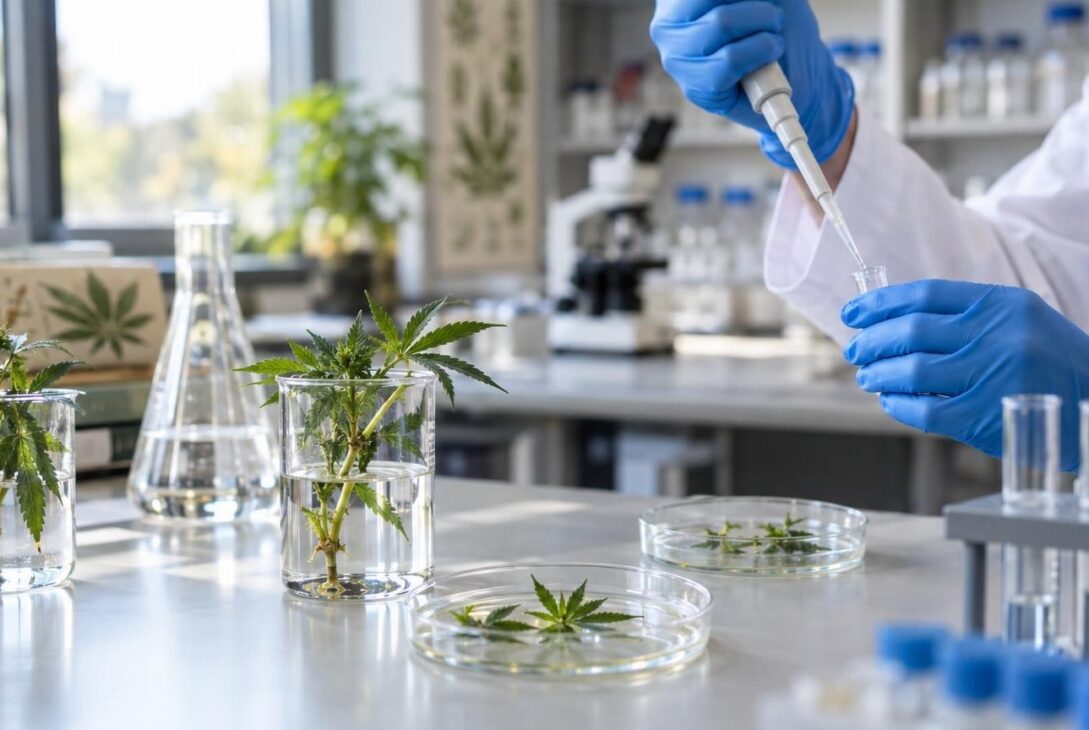 Laboratory scene with cannabis plant samples and scientific equipment under natural light