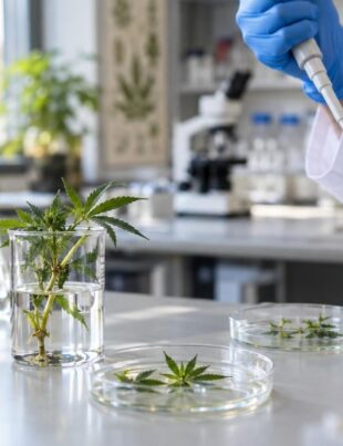 Laboratory scene with cannabis plant samples and scientific equipment under natural light