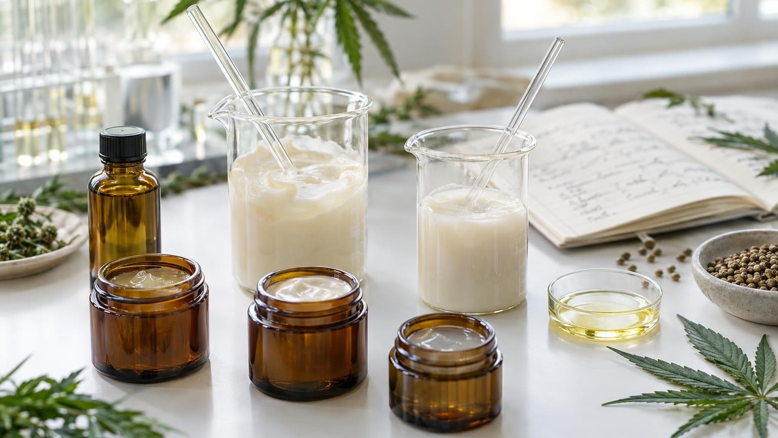 Skincare lab with hemp oil and topical lotion formulations on countertop