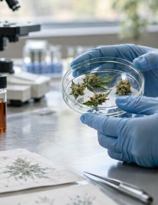 Researcher examining cannabis plant samples in a laboratory setting