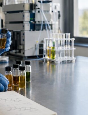 Laboratory scene with scientist handling plant extract vials for cannabinoid research