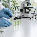 Scientist handling glass vials with cannabis extracts in a bright research lab