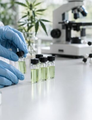 Scientist handling glass vials with cannabis extracts in a bright research lab