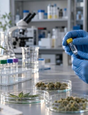 Scientific laboratory bench with cannabis samples and researcher handling vial