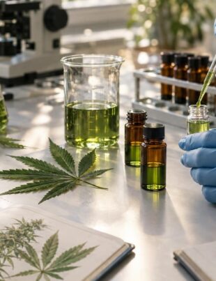 Research lab bench with hemp extracts and botanical samples in natural light