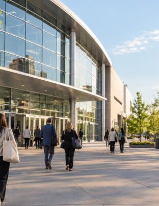 Saint Paul RiverCentre exterior with attendees arriving for a cannabis industry conference