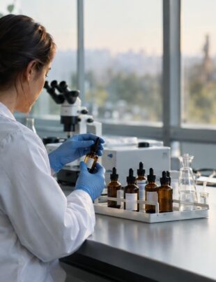 Pharmaceutical lab technician handling cannabinoid treatment bottles for epilepsy research