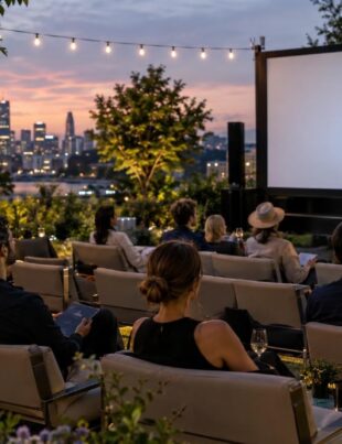 Outdoor film screening at dusk with audience watching a cannabis-themed event
