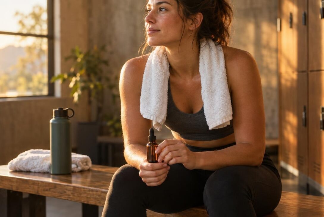 Athlete holding CBD-CBG oil bottle in a sunlit gym locker room