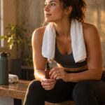 Athlete holding CBD-CBG oil bottle in a sunlit gym locker room