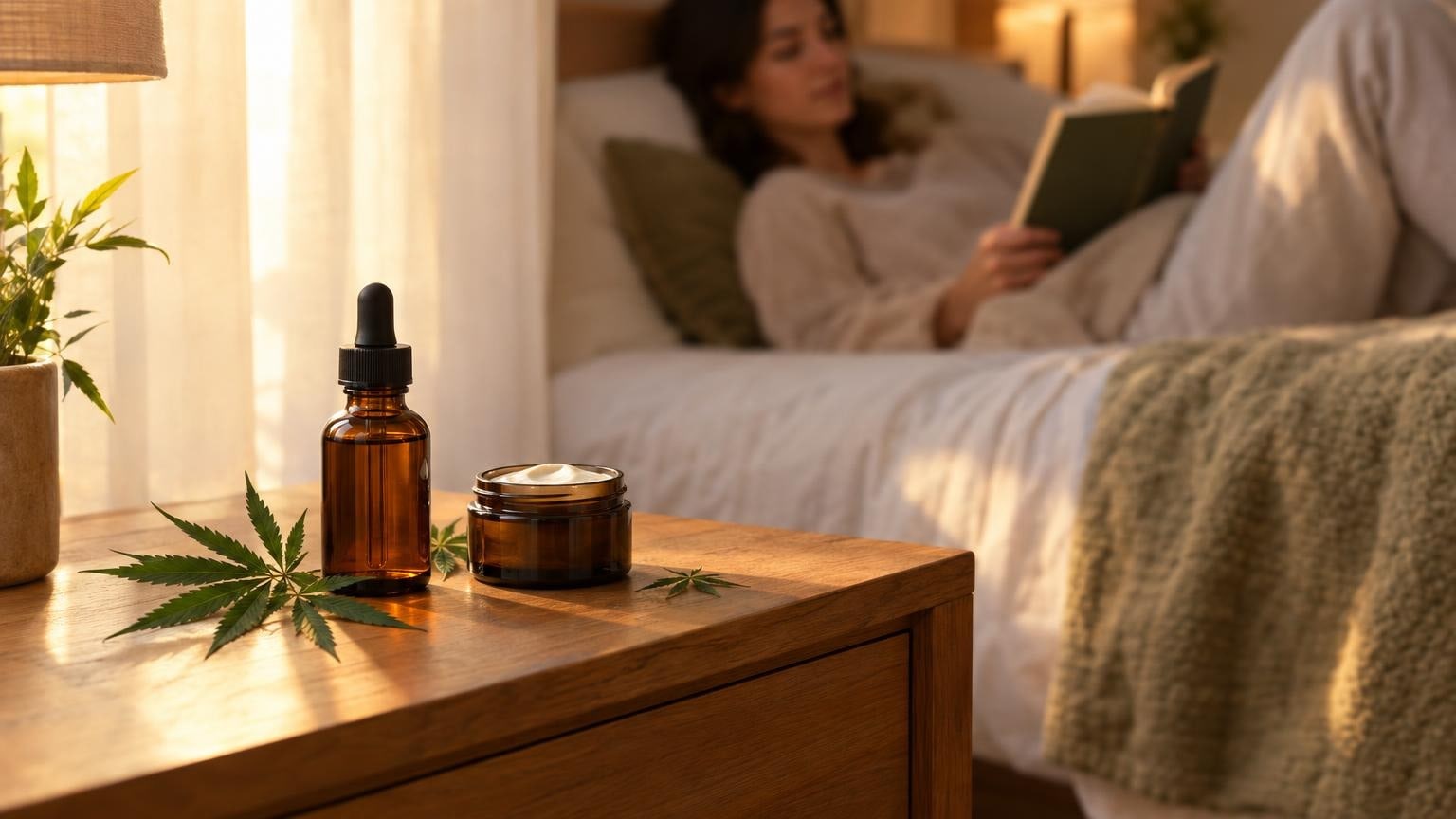Evening bedroom scene with CBD-CBG products on bedside table for recovery