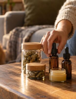 Unbranded hemp CBD and delta-9 THCA products displayed on a wooden table in home