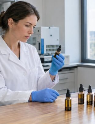 Lab technician examining CBD tinctures in a European testing laboratory