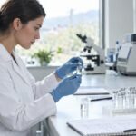 Lab technician handling CBD samples in a clinical research laboratory
