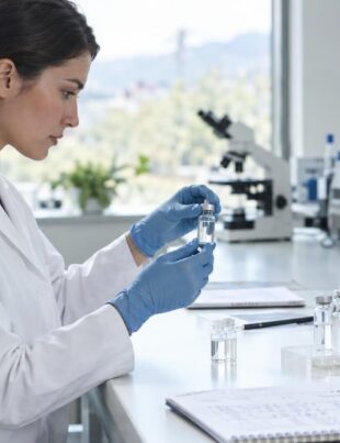 Lab technician handling CBD samples in a clinical research laboratory