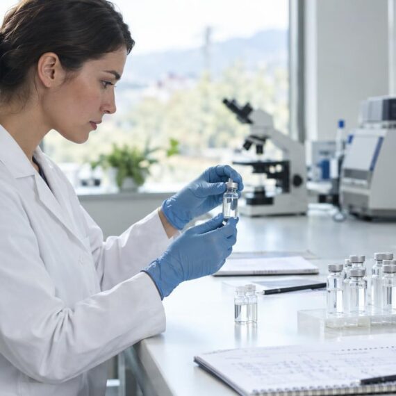 Lab technician handling CBD samples in a clinical research laboratory