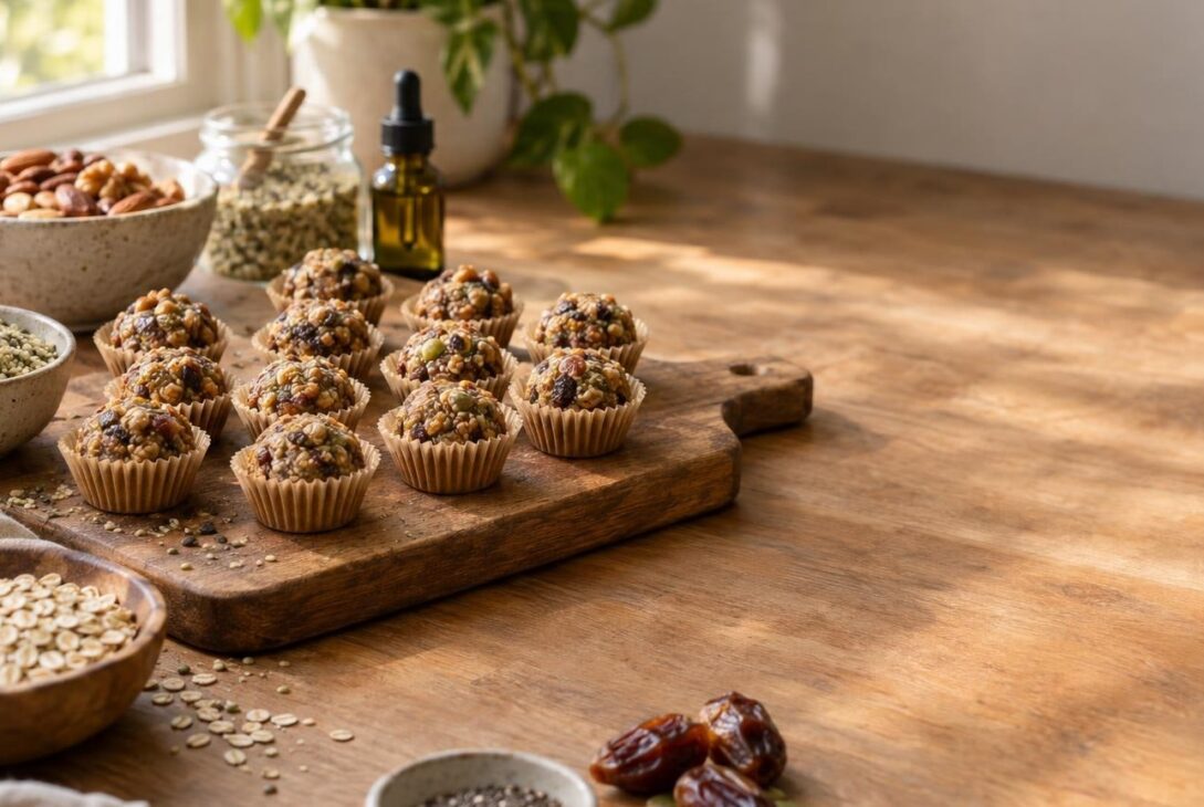 Freshly made CBD THC energy bites on a wooden kitchen countertop with natural ingredients