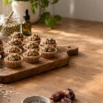 Freshly made CBD THC energy bites on a wooden kitchen countertop with natural ingredients