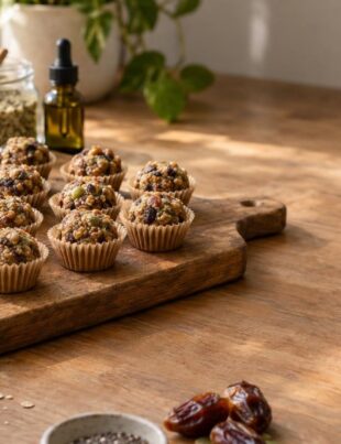 Freshly made CBD THC energy bites on a wooden kitchen countertop with natural ingredients