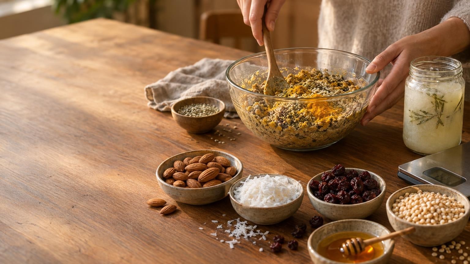 Close-up of hands mixing natural ingredients for CBD energy bites in kitchen