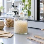 Bioplastic pellets and sustainable packaging prototypes on a lab bench