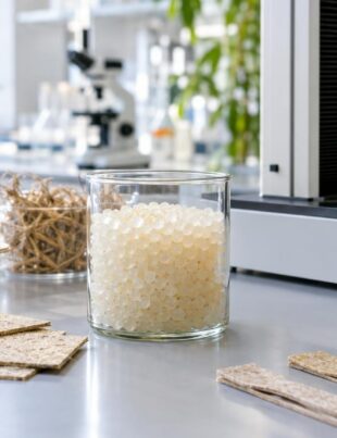 Bioplastic pellets and sustainable packaging prototypes on a lab bench