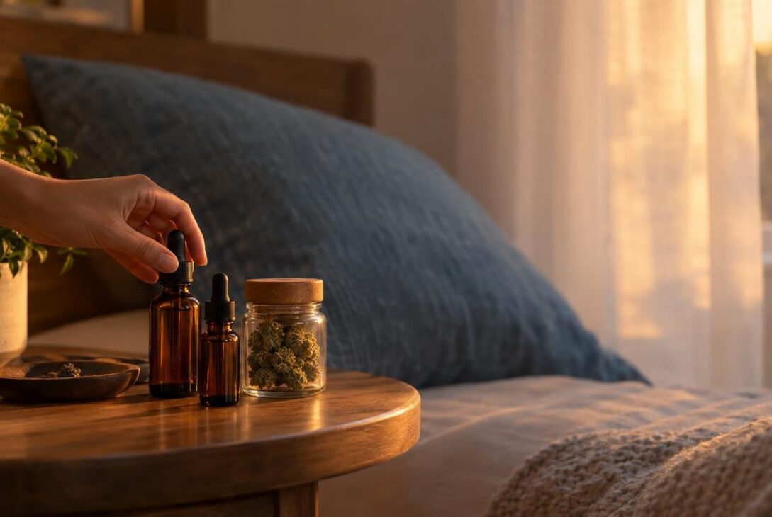 Bedside table with CBD and CBN bottles in a softly lit bedroom