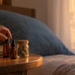 Bedside table with CBD and CBN bottles in a softly lit bedroom